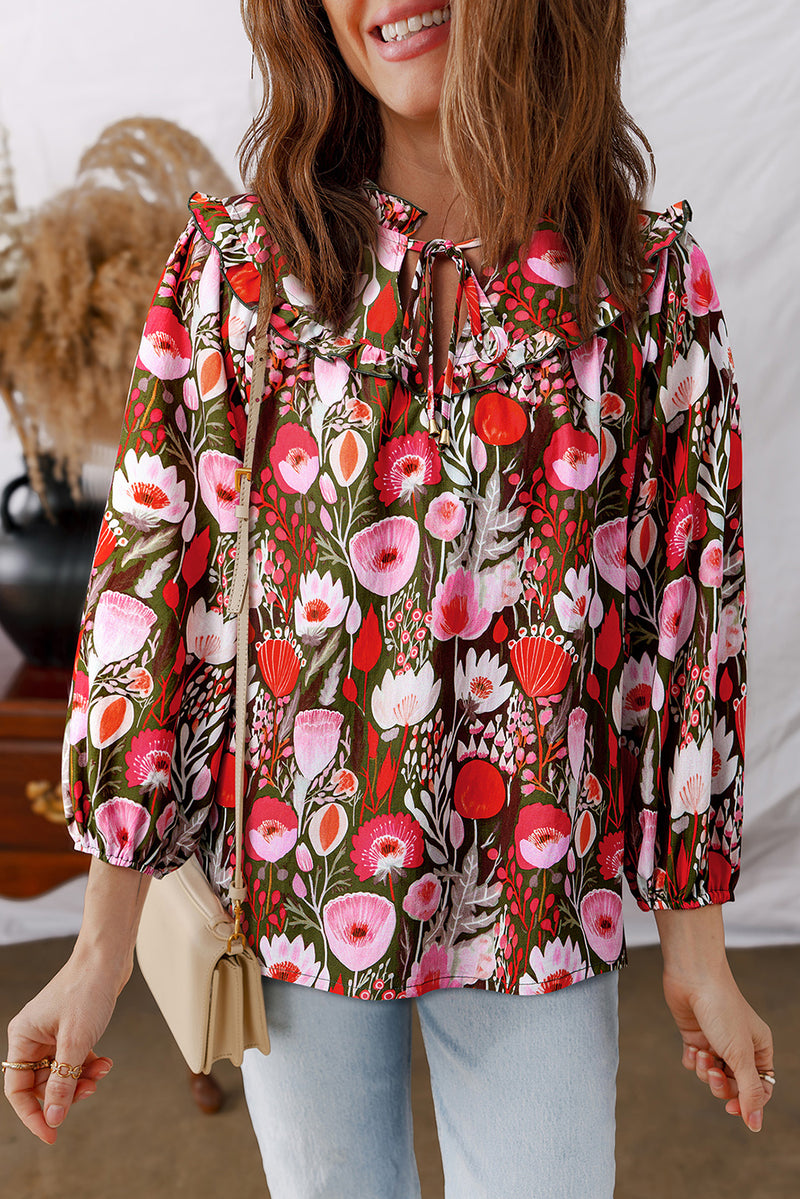 Floral Three Quarter Sleeve Lace-up Neck Blouse