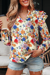 Ruffled Shoulder Long Sleeve Floral Blouse