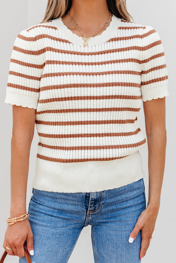 Stripe Scalloped Round Neck Short Sleeve Sweater
