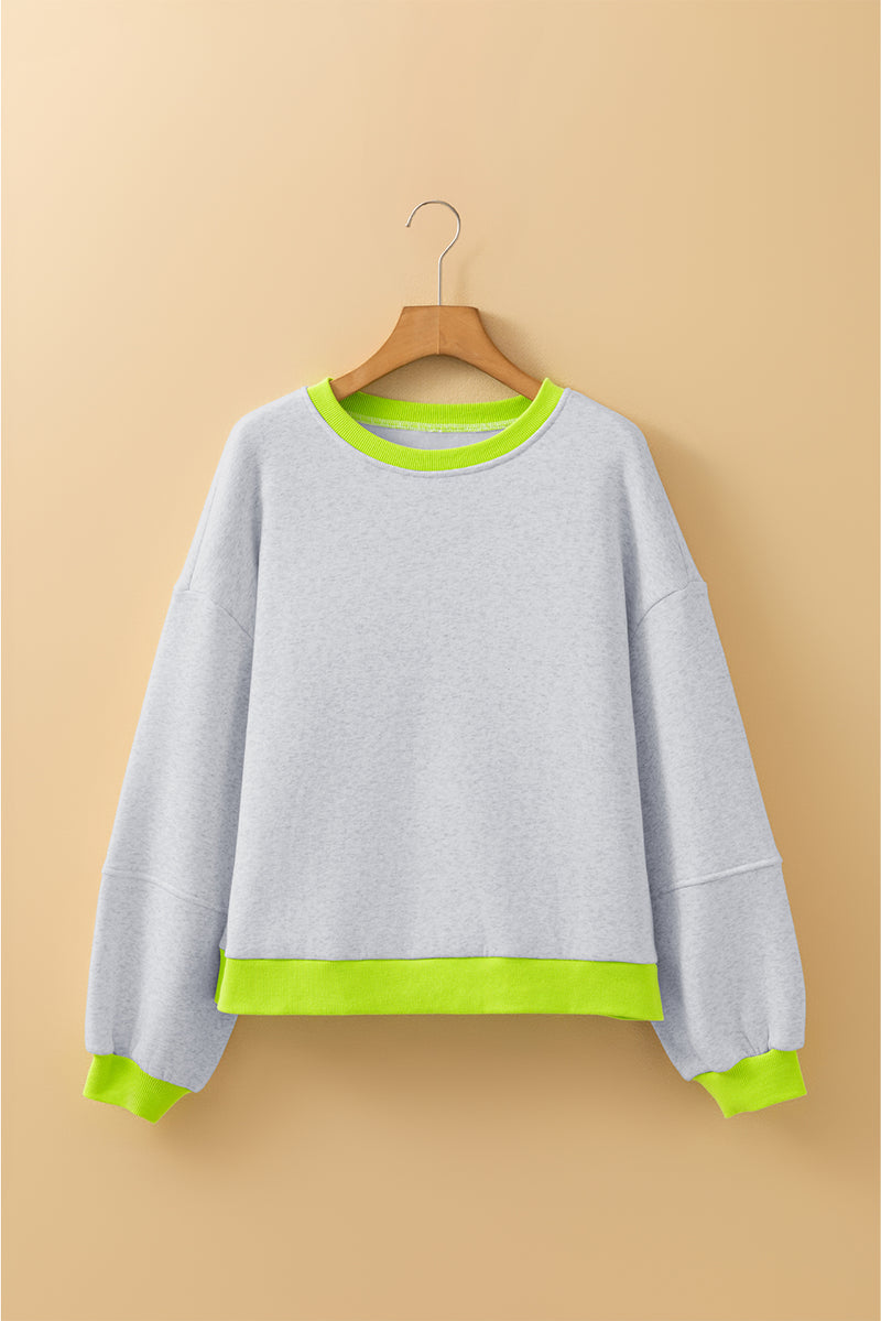 Contrast Color Banding Patchwork Puff Sleeve Loose Sweatshirt