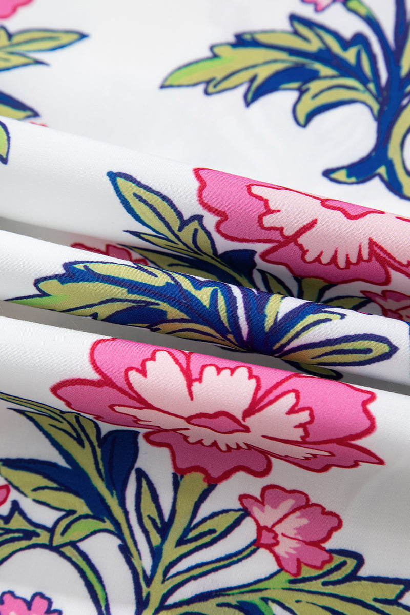 Floral Colorblock Stripe Knot Bubble Sleeve V Neck Blouse