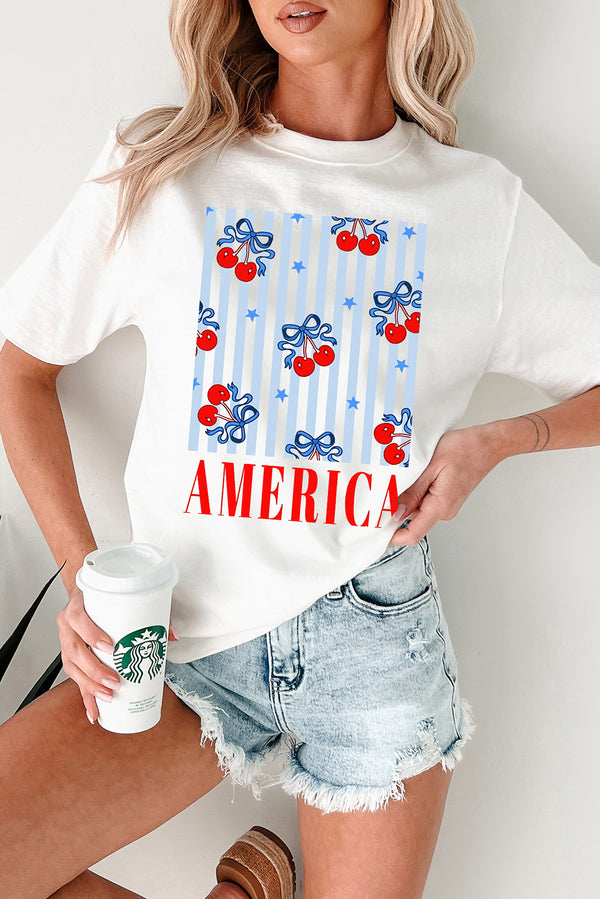 Bow Cherry AMERICA Graphic Crewneck Patriotic T Shirt