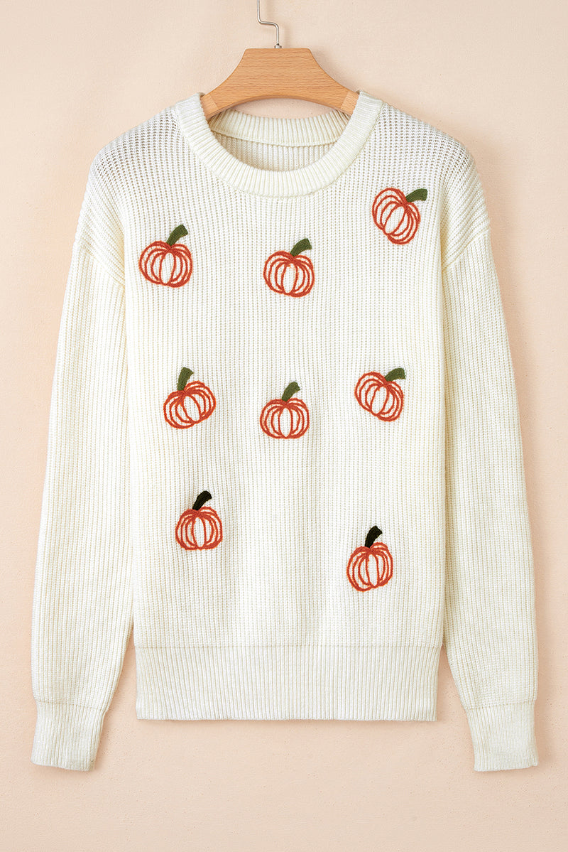 Pumpkin Embroidered Ribbed Thanksgiving Halloween Holiday Sweater