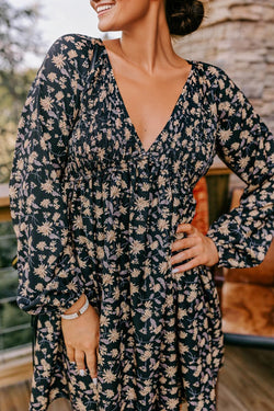Floral Deep V Neck Smocked Bust Bubble Sleeve Babydoll Dress