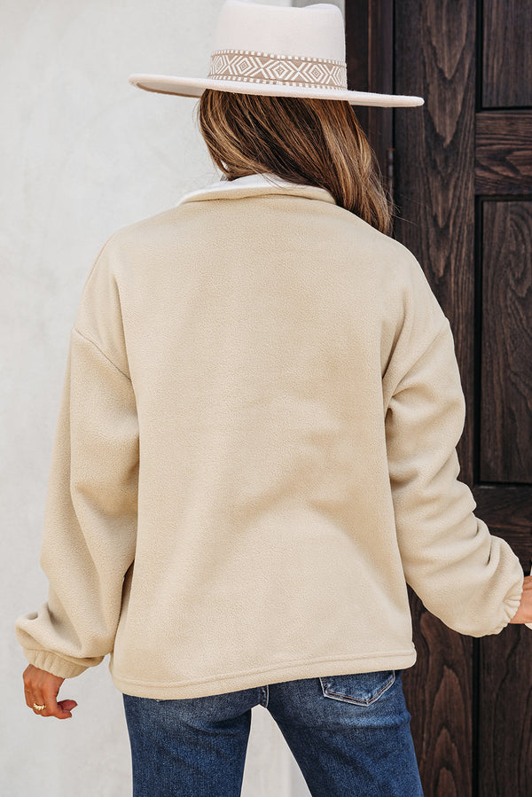 Parchment Fleece Colorblock Patchwork Zipped Neck Pullover Sweatshirt