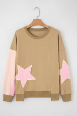 Contrast Star Patchwork Exposed Seam Uneven Hem Drop Shoulder Sweatshirt