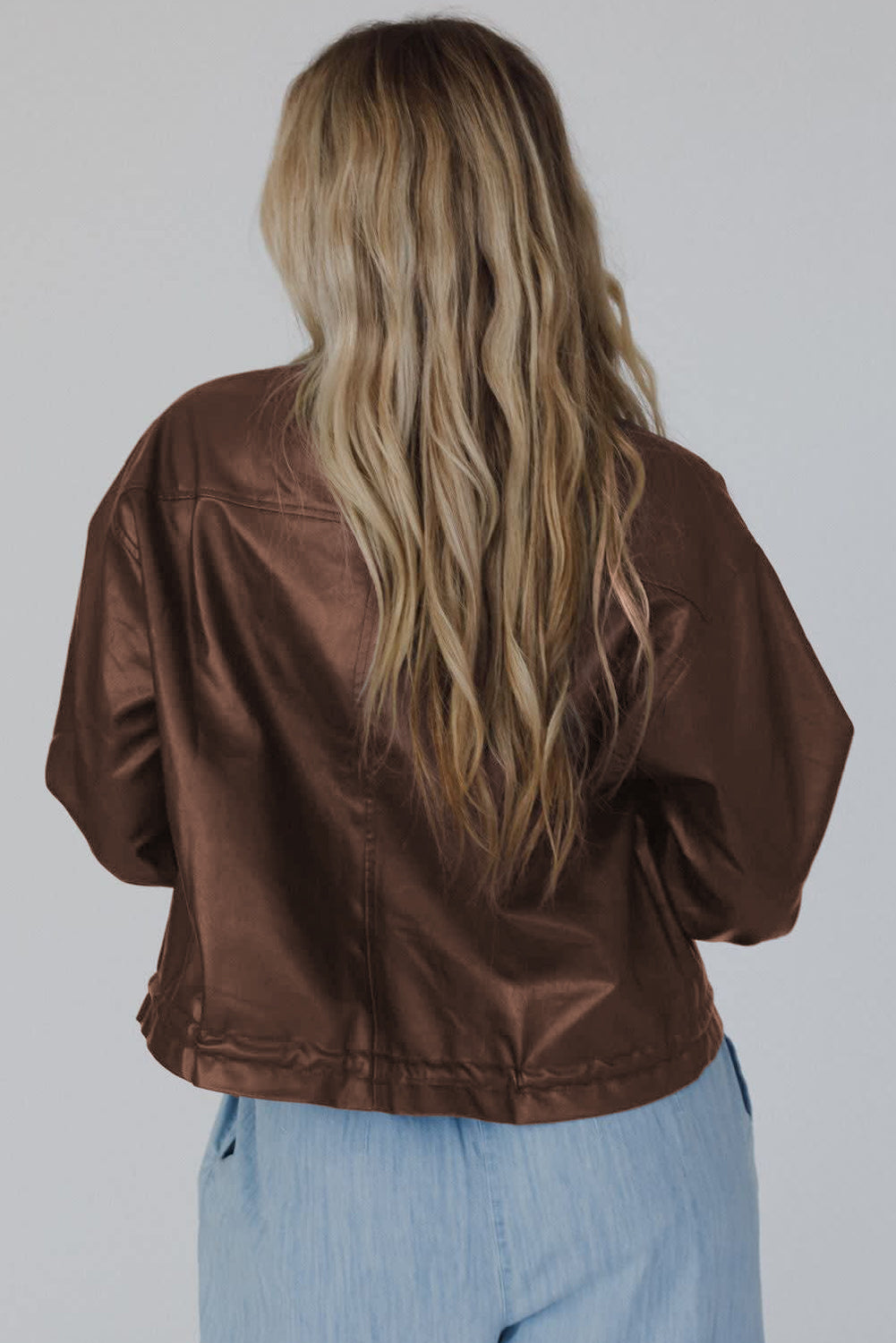 Brown Double Flap Pocket Drawstring Hem Leather Jacket