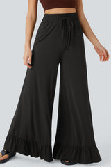 Ruffled Wide Leg Pull On High Waist Pants with Pockets