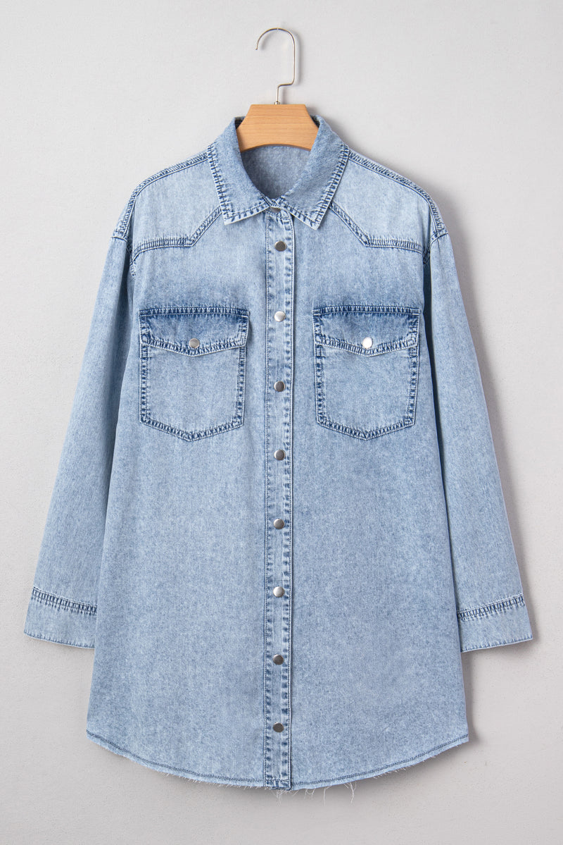 Chest Pocket Raw Hem Denim Loose Shirt Dress