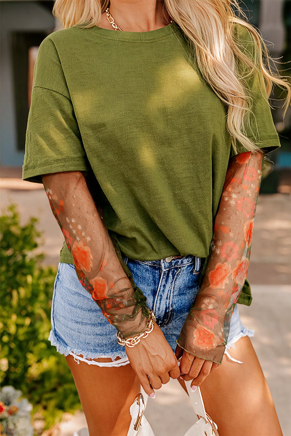 Solid Faux Two Piece Floral Long Sleeve Patchwork Tee