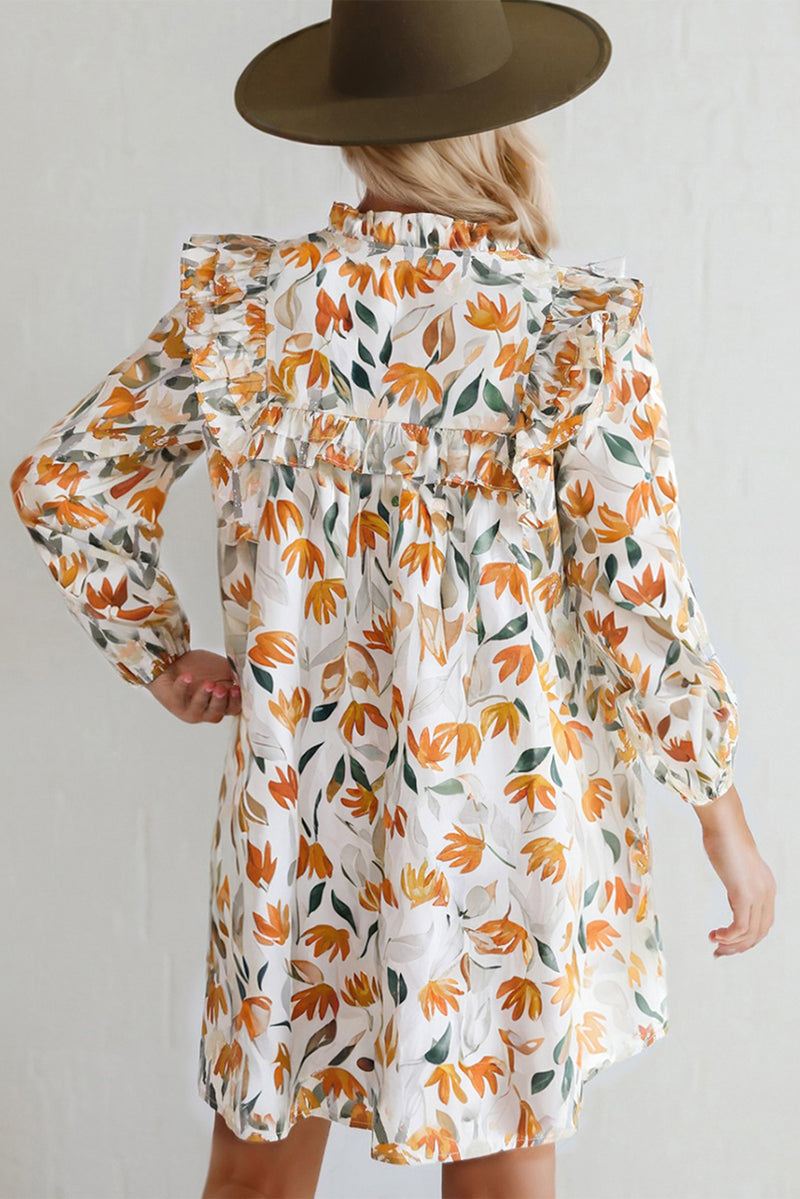 Floral Print Tie Neck Frilled Detail Long Sleeve Mini Dress