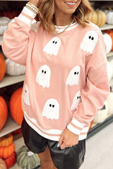 Halloween Terry Ghost Striped Trim Loose Sweatshirt