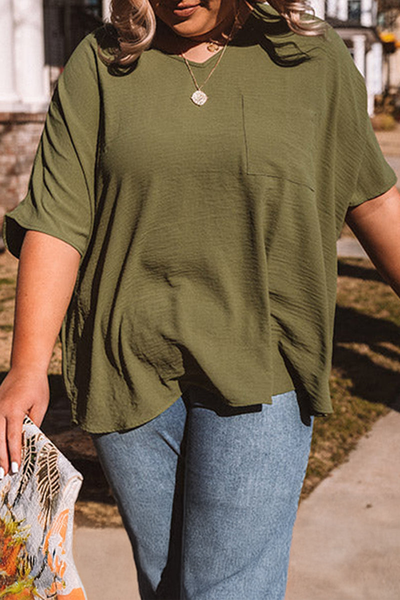 Textured Half Sleeve V Neck Plus Size T Shirt with Chest Pocket