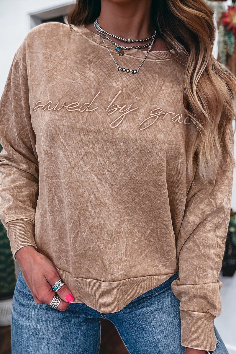 Beige saved by grace Letter Embroidery Mineral Wash Loose Sweatshirt