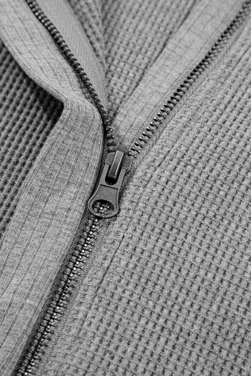 Waffle Splicing Zip Up Front Button Hooded Jacket