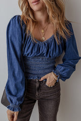 Smocked Ruffled Puffed Long Sleeves V Neck Denim Blouse