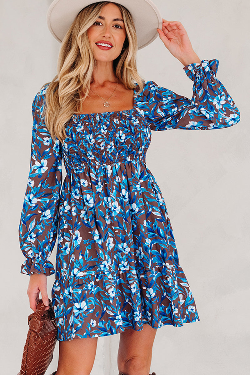 Smocked Bodice High Waist Ruffled Sleeve Floral Dress