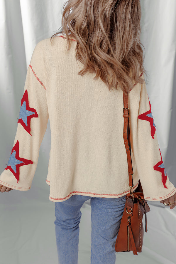 USA Star Contrast Patchwork Exposed Seam Long Sleeve Top