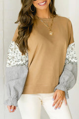 Floral Striped Patchwork Ruffled Sleeve Crew Neck Sweatshirt