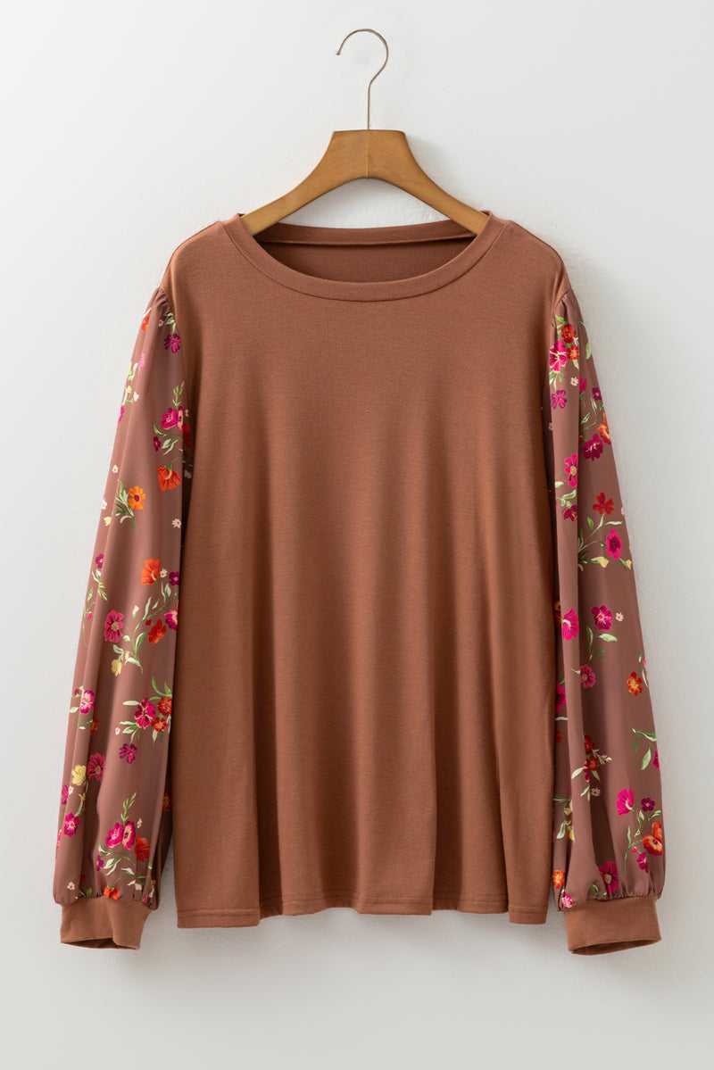Floral Sleeve Patchwork Round Neck Plus Blouse