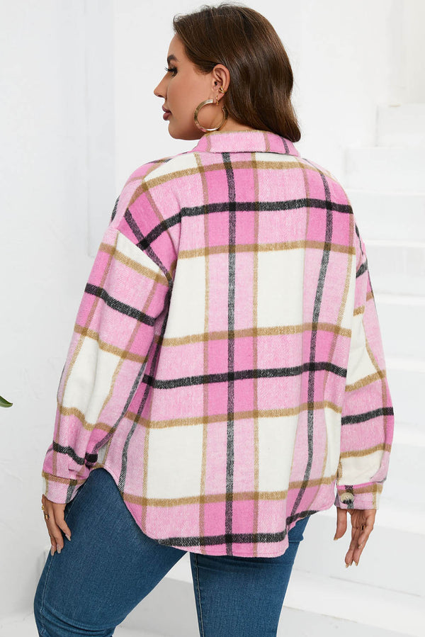 Plaid Color Block Buttoned Long Sleeve Jacket with Pocket