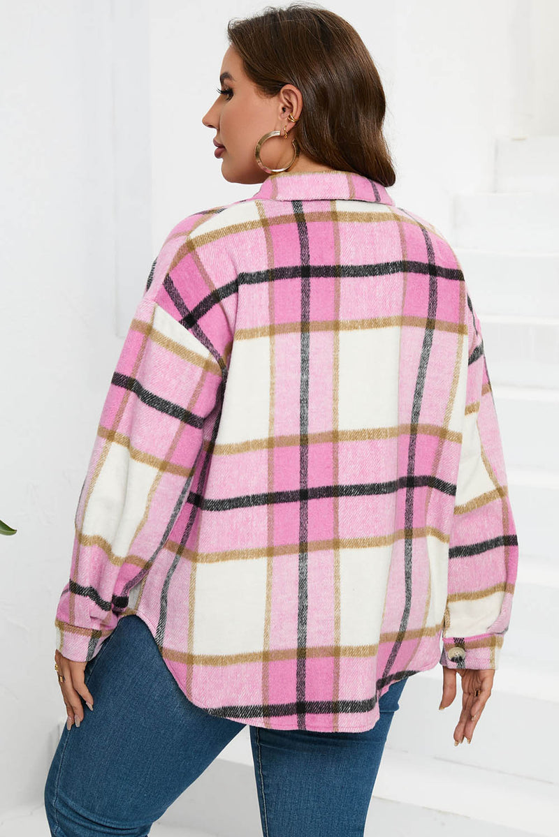 Plaid Color Block Buttoned Long Sleeve Jacket with Pocket