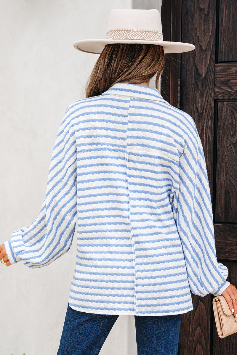 Stripe Half Button Collared Chest Pockets Loose Fit Blouse
