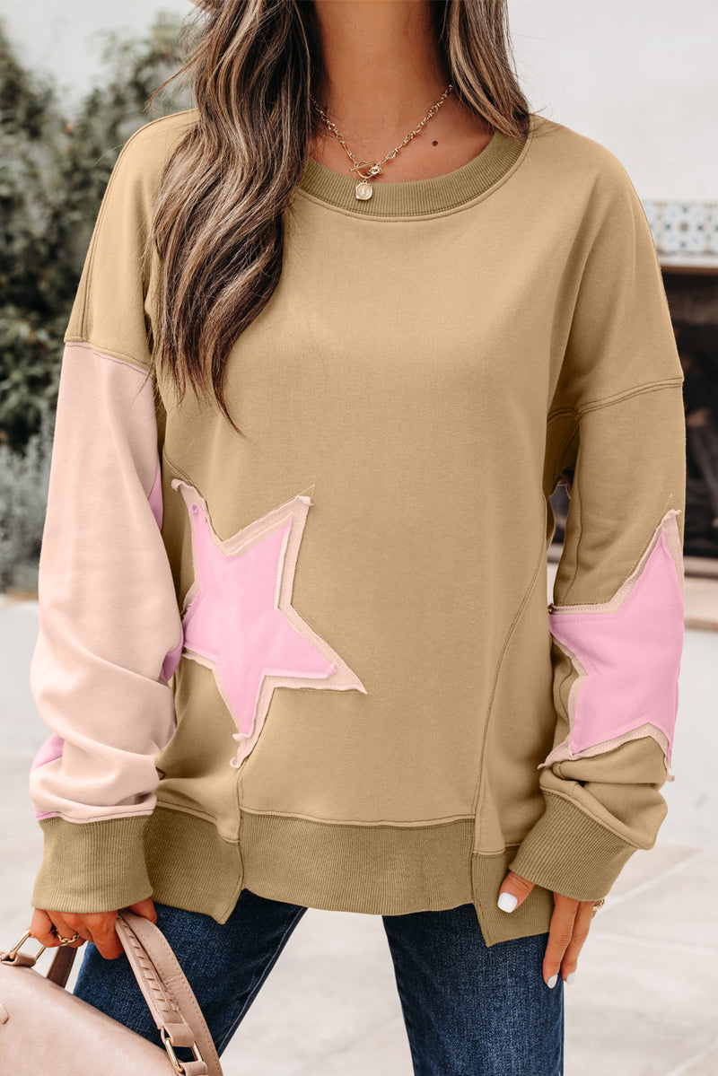 Contrast Star Patchwork Exposed Seam Uneven Hem Drop Shoulder Sweatshirt