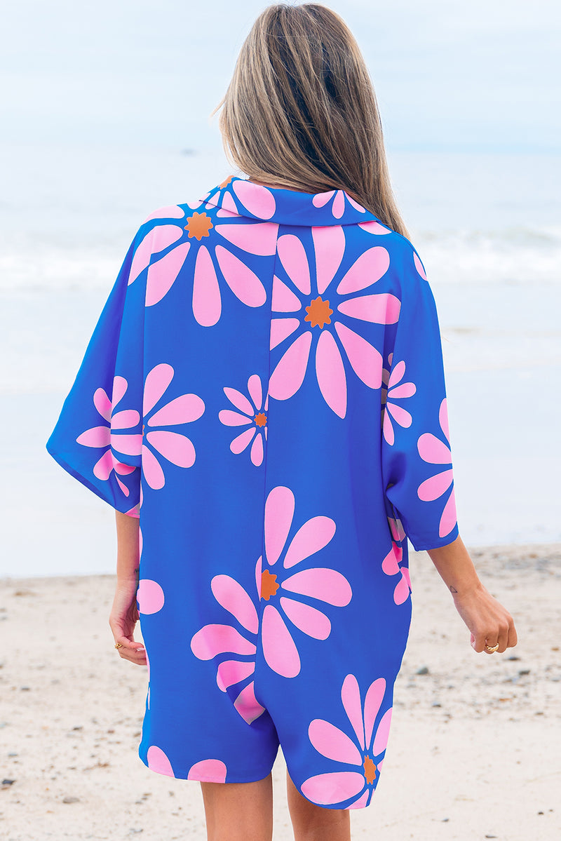 Summer Flower Print Shirt Collar Button Front Loose Romper
