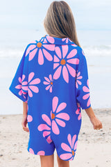 Summer Flower Print Shirt Collar Button Front Loose Romper
