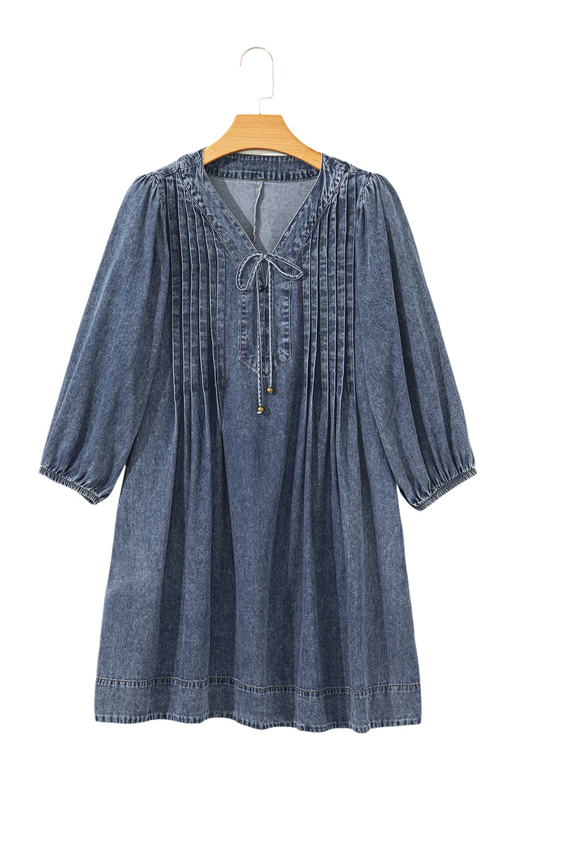 3/4 Sleeve Tied V Neck Pleated Denim Mini Dress