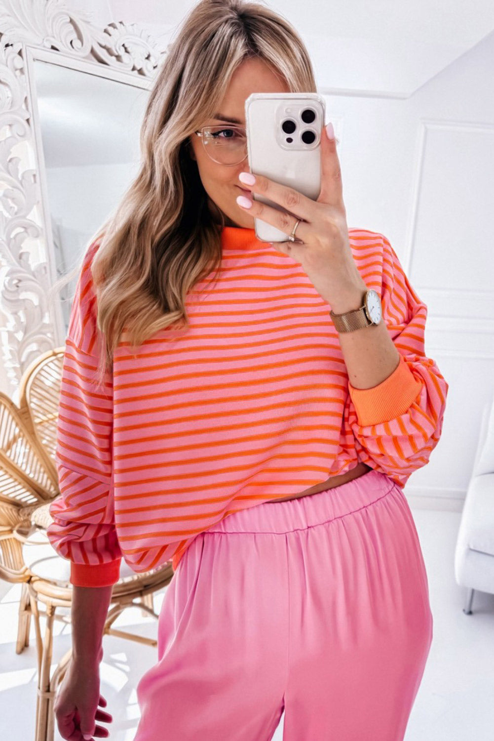 Stripe Drop Shoulder Crew Neck Loose Sweatshirt