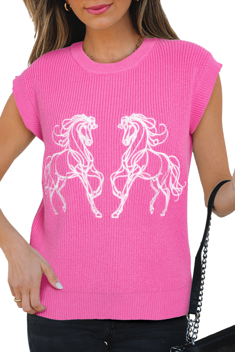 Western Horse Embroidered Round Neck Sweater Tee