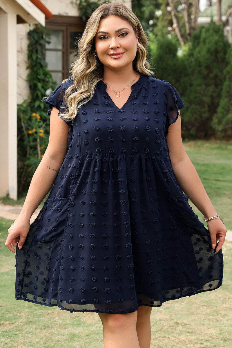 Dotty Textured Notched Neck Plus Ruffled Dress