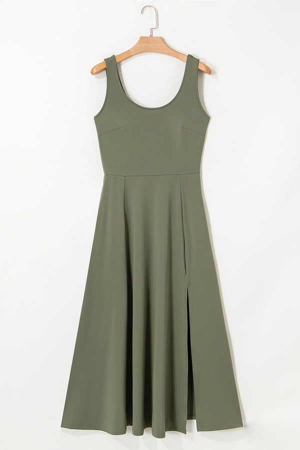 Clover Sleeveless Scoop Neck Flared Split Midi Dress