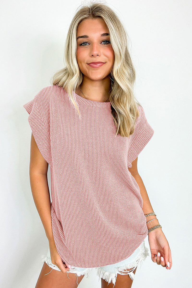 Rose Twisted Rib Wide Sleeve Crew Neck T Shirt