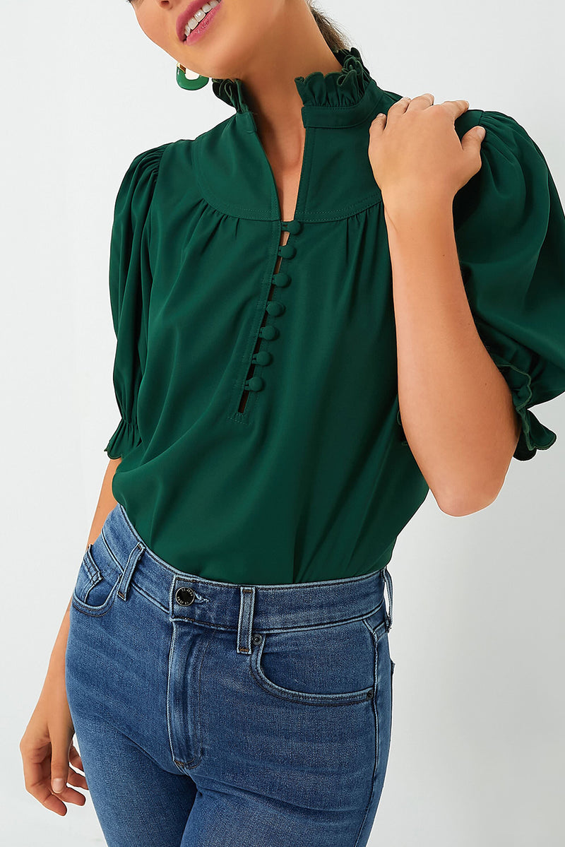 Solid Stripe Plaid Puff Sleeve Frilled Trim Elegant Blouse