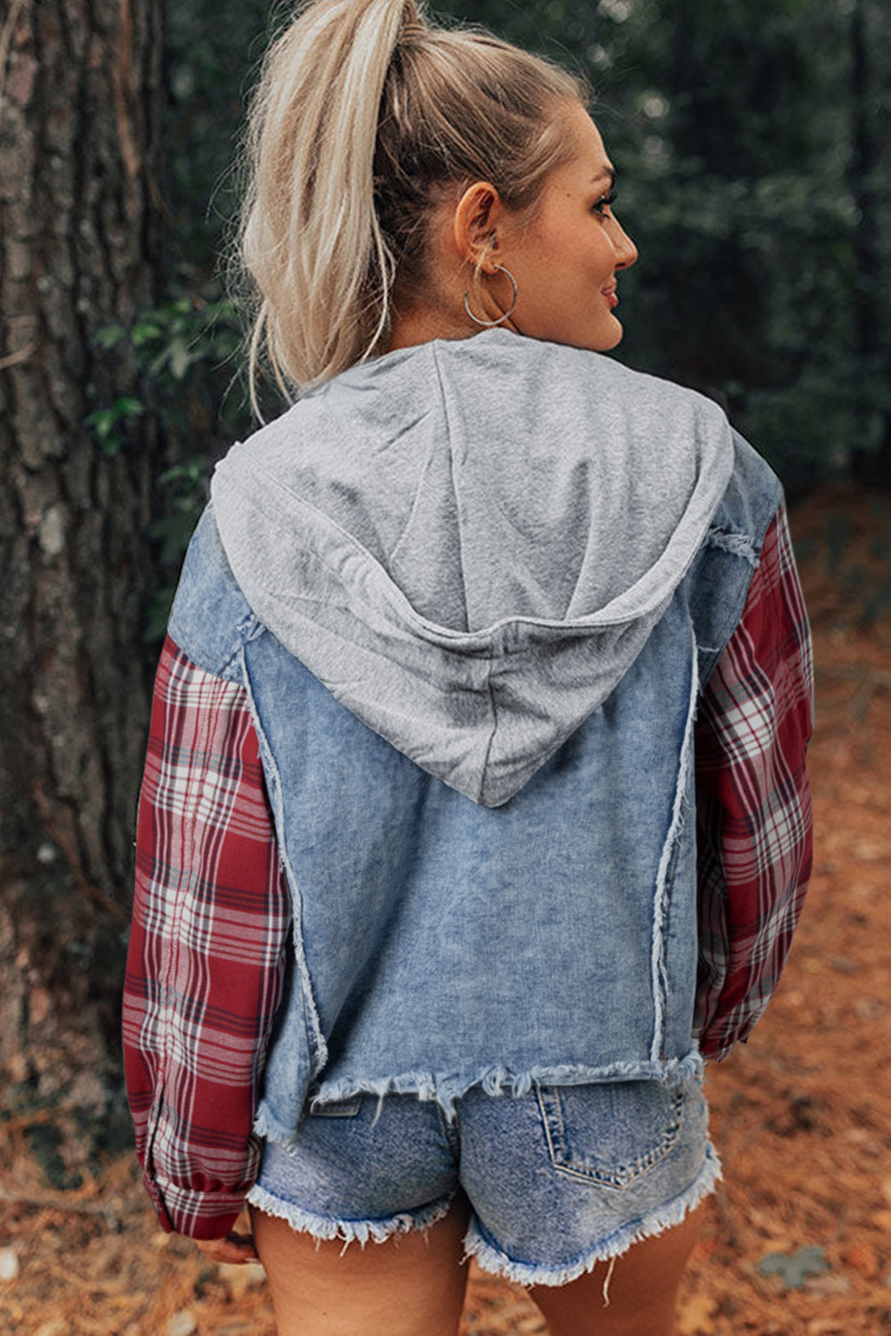 Trucker Plaid Print Patchwork Hooded Raw Hem Denim Jacket