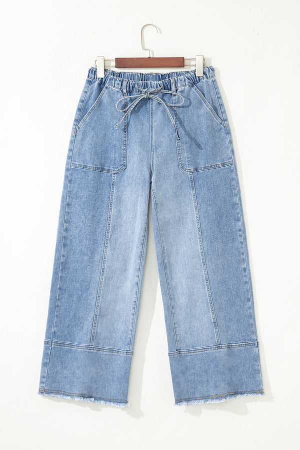 Drawstring Seam Detail Raw Hem Wide Leg Denim Pants