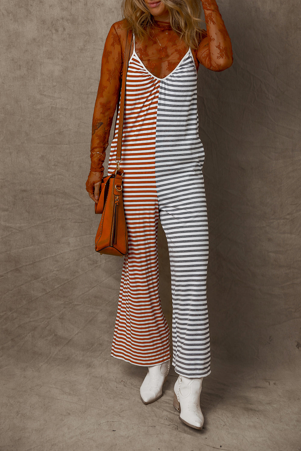 Stripe Two Tone Contrast Spaghetti Strap Backless Overall