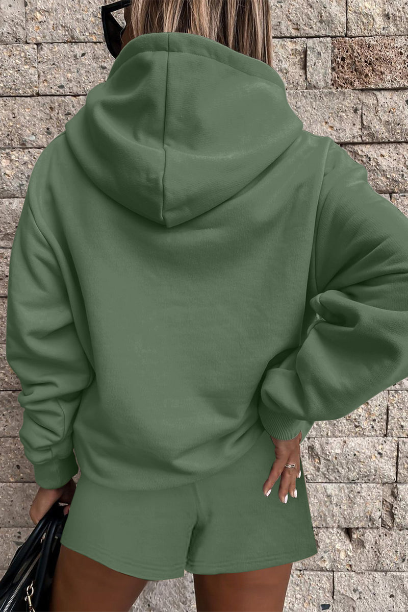 Solid Button Drawstring Hooded Pullover and Casual Short Set