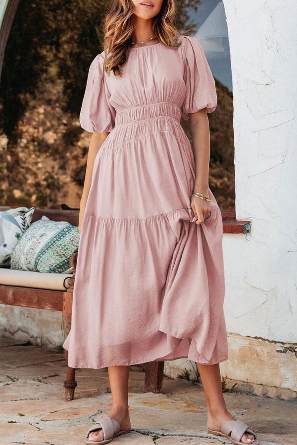 Solid Puff Sleeve Pleated High Waist Flowy Midi Dress