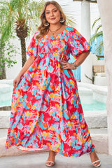 Abstract Printed Puff Sleeve Square Neck Smocked Bust Tied Back Plus Size Dress
