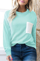 3D Ribbed Texture Contrast Patched Pocket Long Sleeve Top