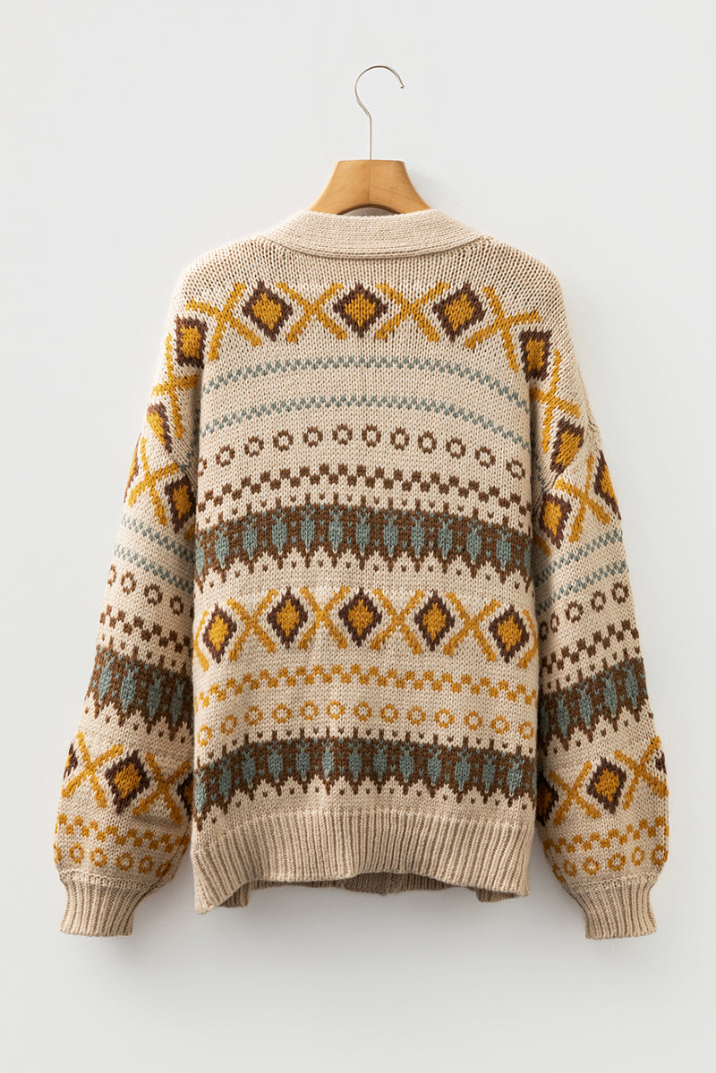 Western Pattern Knitted Button V Neck Cardigan Sweater