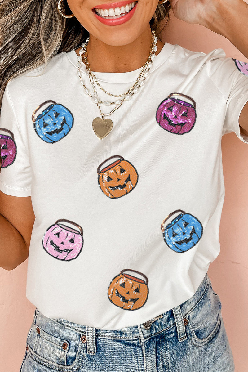 Sequin Pumpkin Face Patched Crew Neck Holiday T Shirt