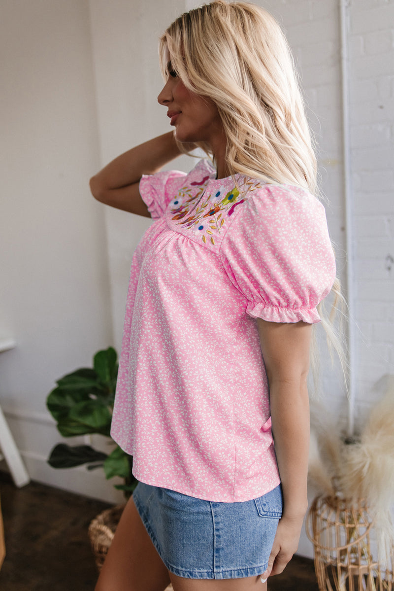 Floral Embroidered Puff Sleeve Notched V Neck Blouse