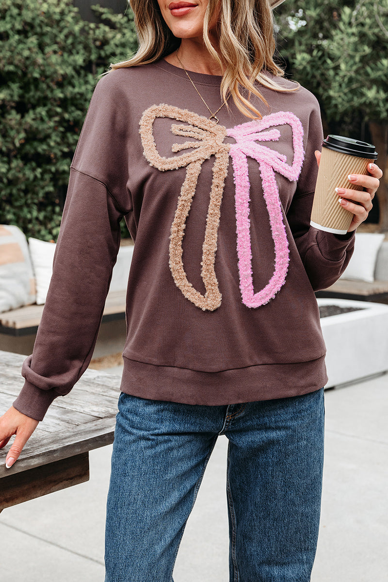 Contrast Terry Bow Pattern Drop Shoulder Sweatshirt