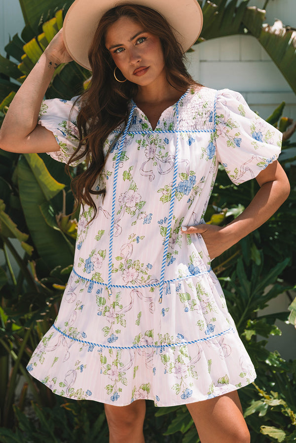 Floral Striped Print Contrast Trim Tie Split Neck Mini Dress