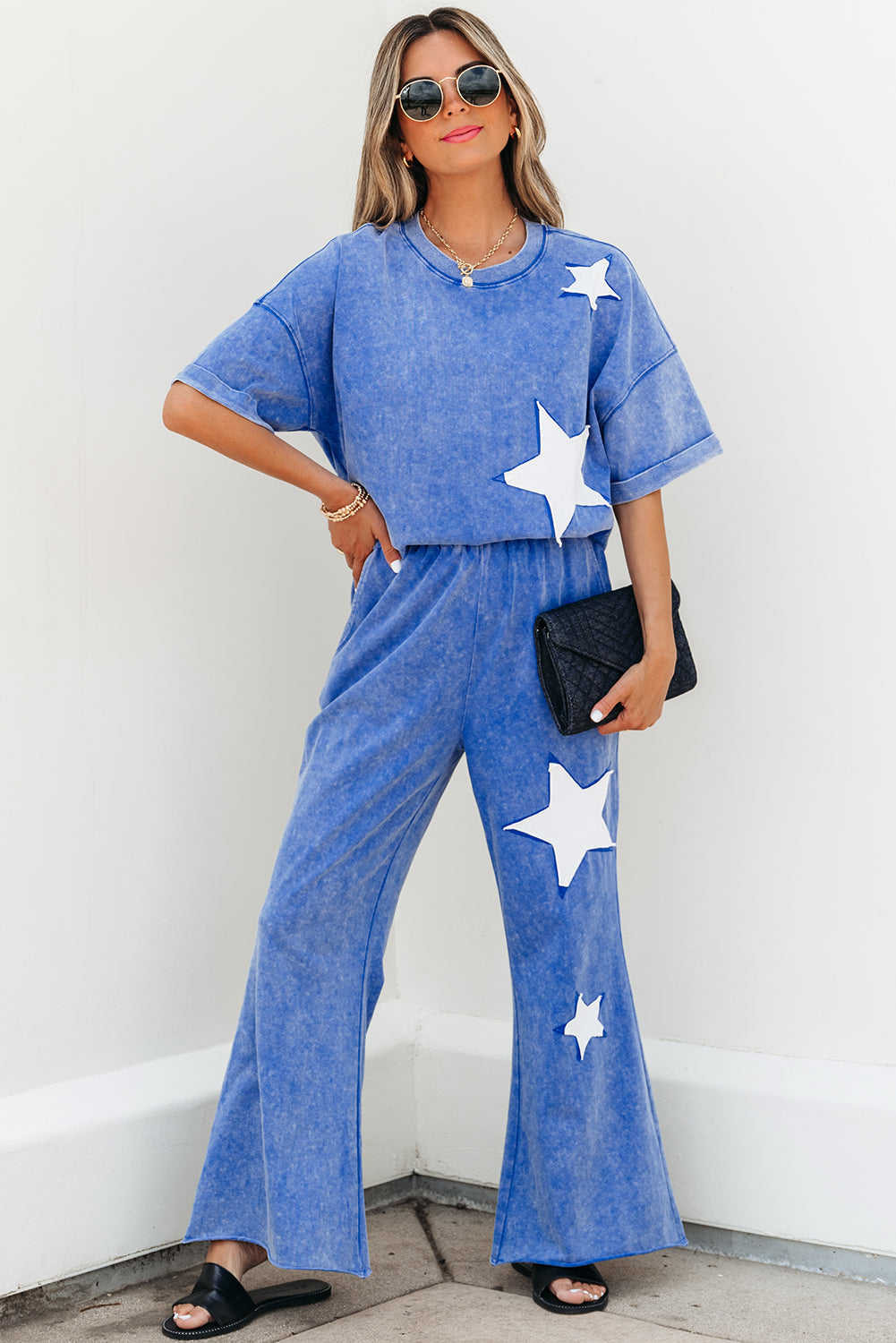 Acid Wash Star Patched Rolled Trim Pants Set